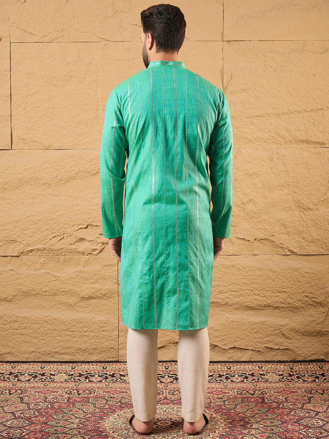 Men Turquoise Blue Cotton Solid Embroidered Straight Kurta-MKU1195