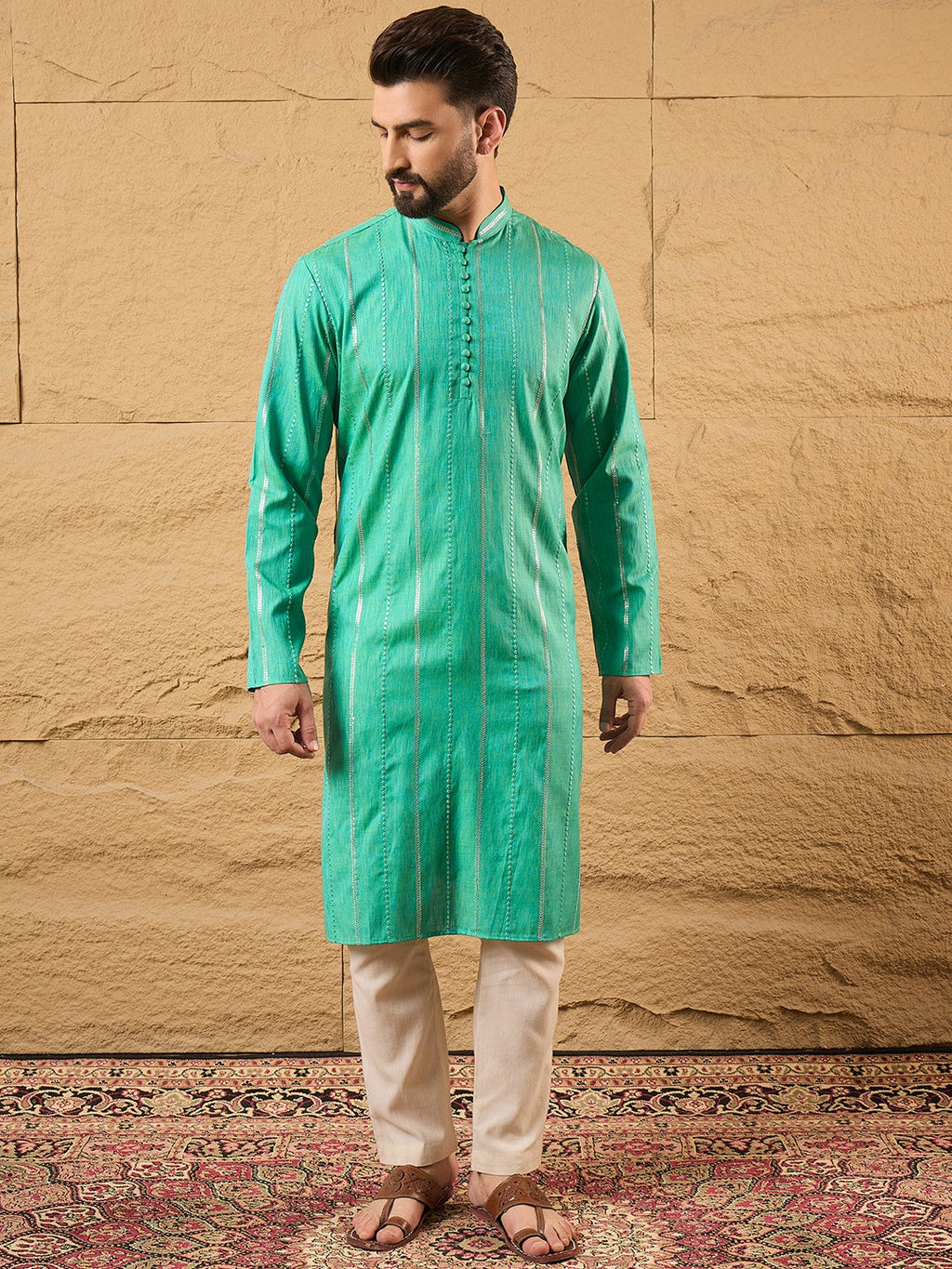 Men Turquoise Blue Cotton Solid Embroidered Straight Kurta-MKU1195