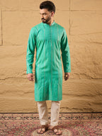 Men Turquoise Blue Cotton Solid Embroidered Straight Kurta-MKU1195