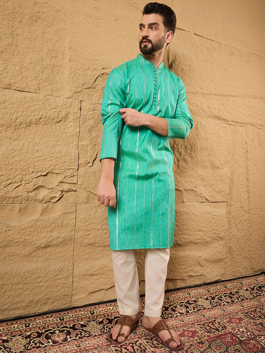 Men Turquoise Blue Cotton Solid Embroidered Straight Kurta-MKU1195