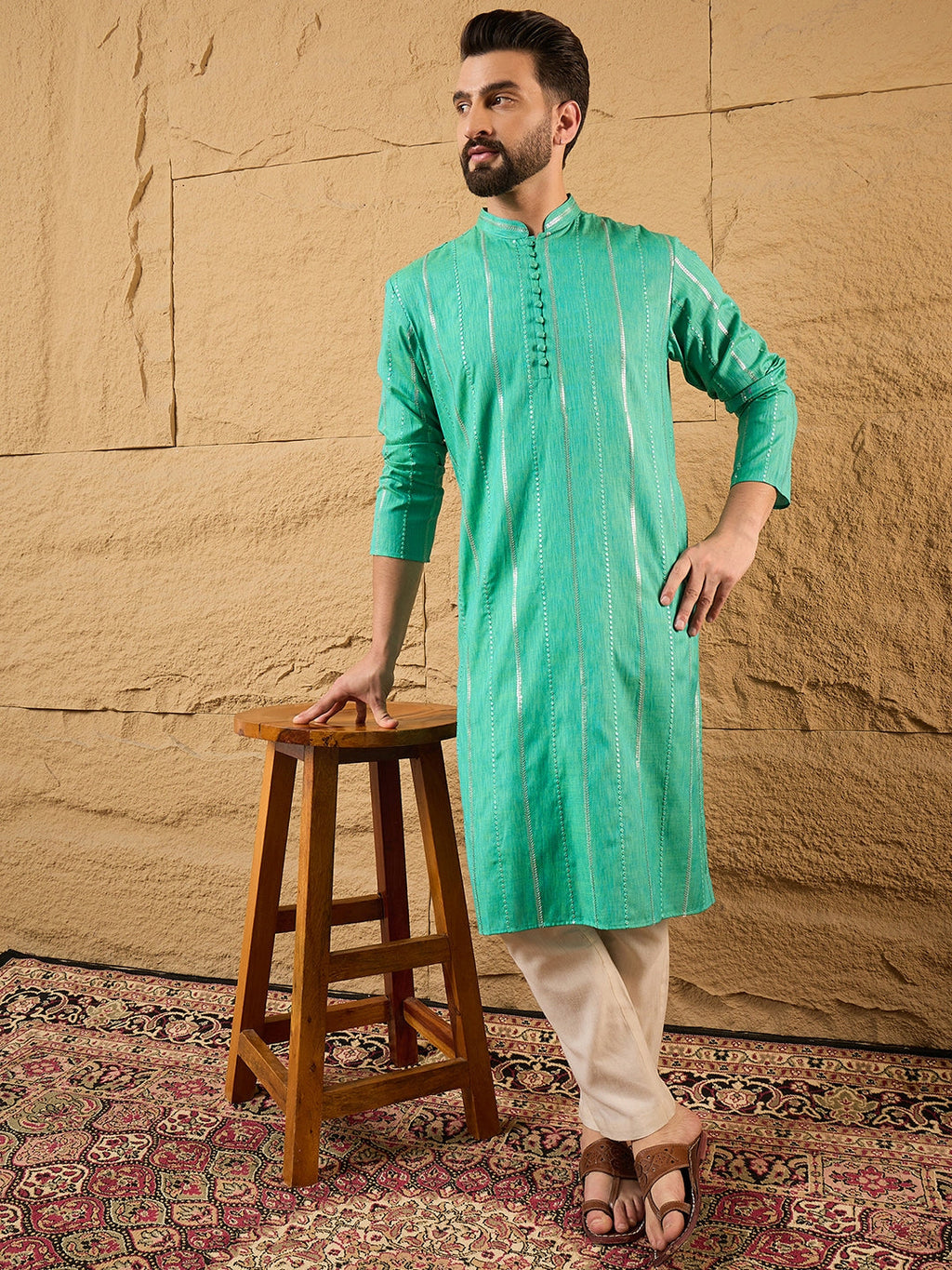 Men Turquoise Blue Cotton Solid Embroidered Straight Kurta-MKU1195