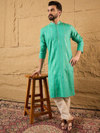 Men Turquoise Blue Cotton Solid Embroidered Straight Kurta-MKU1195