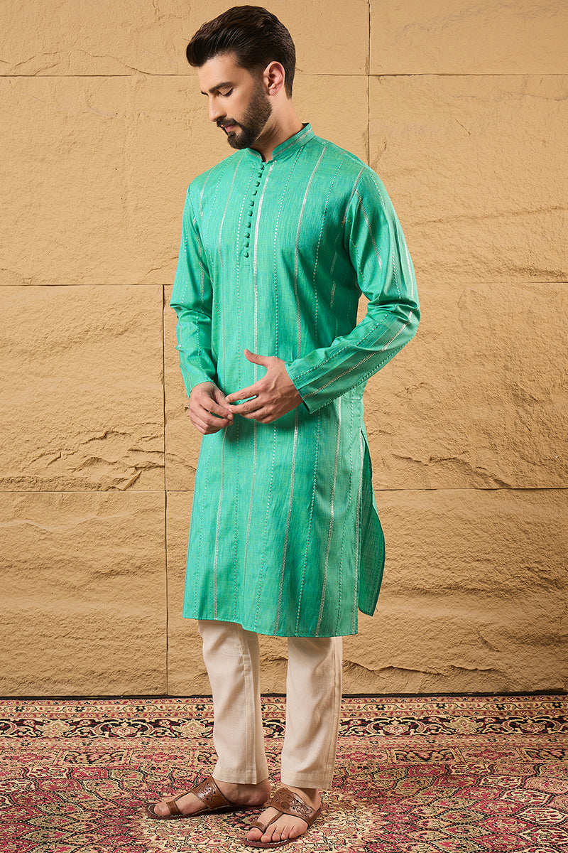 Turquoise Blue Pure Cotton Embroidered Straight Kurta HOPMKU1195