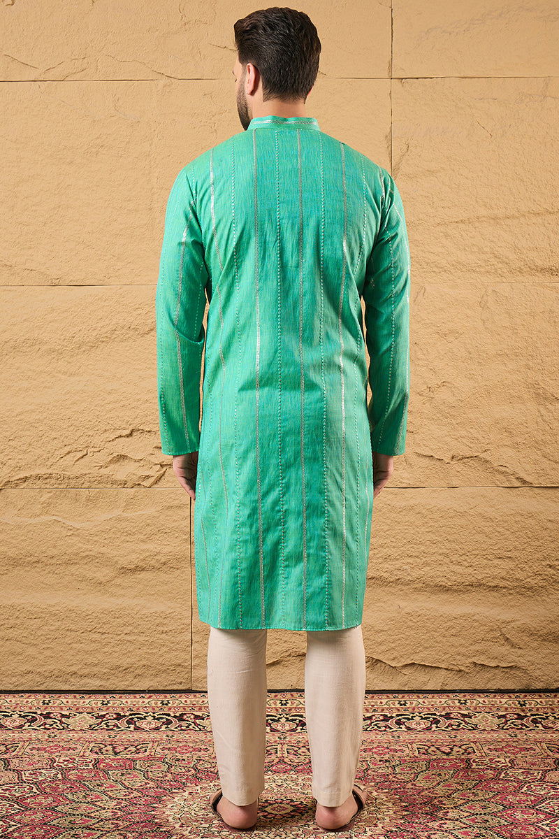 Turquoise Blue Pure Cotton Embroidered Straight Kurta HOPMKU1195