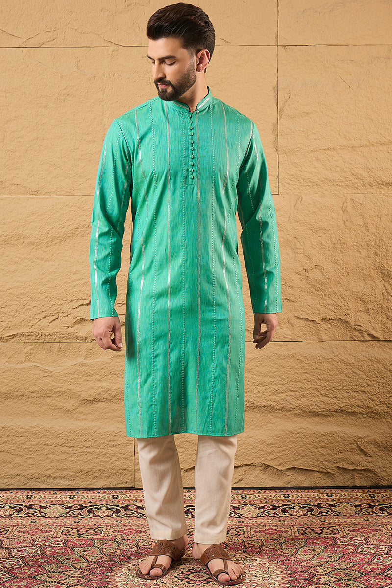 Turquoise Blue Pure Cotton Embroidered Straight Kurta HOPMKU1195