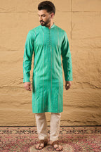 Turquoise Blue Pure Cotton Embroidered Straight Kurta HOPMKU1195