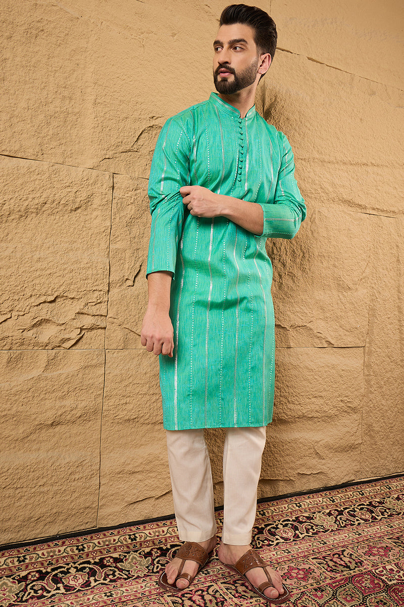 Turquoise Blue Pure Cotton Embroidered Straight Kurta HOPMKU1195