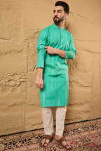 Turquoise Blue Pure Cotton Embroidered Straight Kurta HOPMKU1195