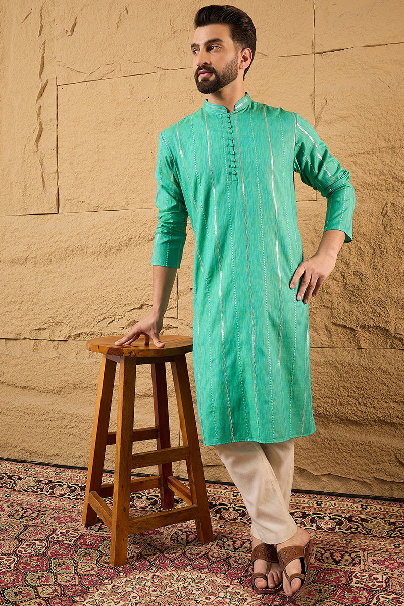 Turquoise Blue Pure Cotton Embroidered Straight Kurta HOPMKU1195