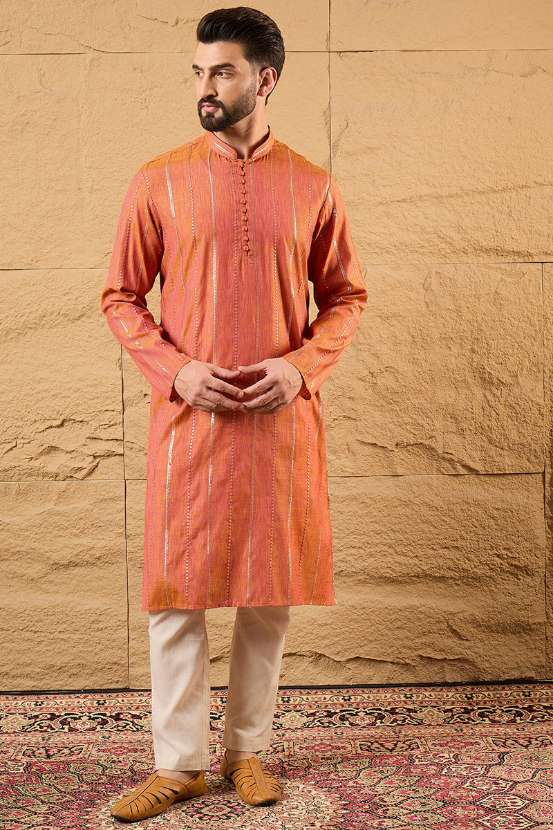 Orange Pure Cotton Embroidered Straight Kurta HOPMKU1196