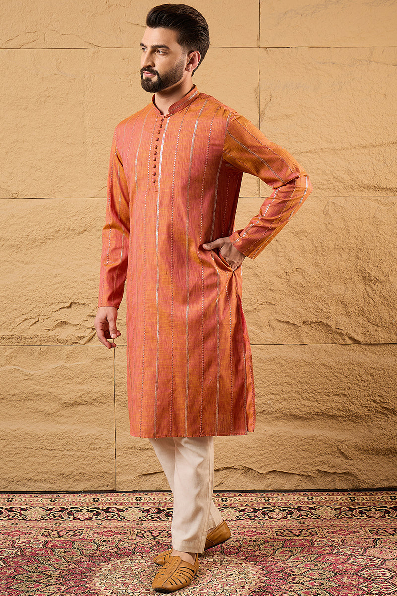 Orange Pure Cotton Embroidered Straight Kurta HOPMKU1196