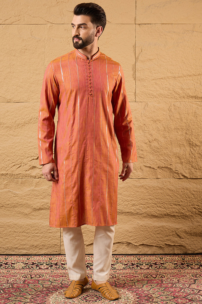 Orange Pure Cotton Embroidered Straight Kurta HOPMKU1196