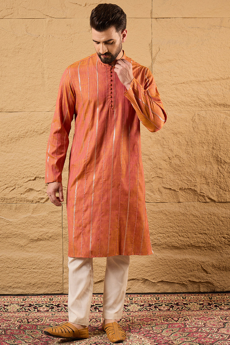 Orange Pure Cotton Embroidered Straight Kurta HOPMKU1196