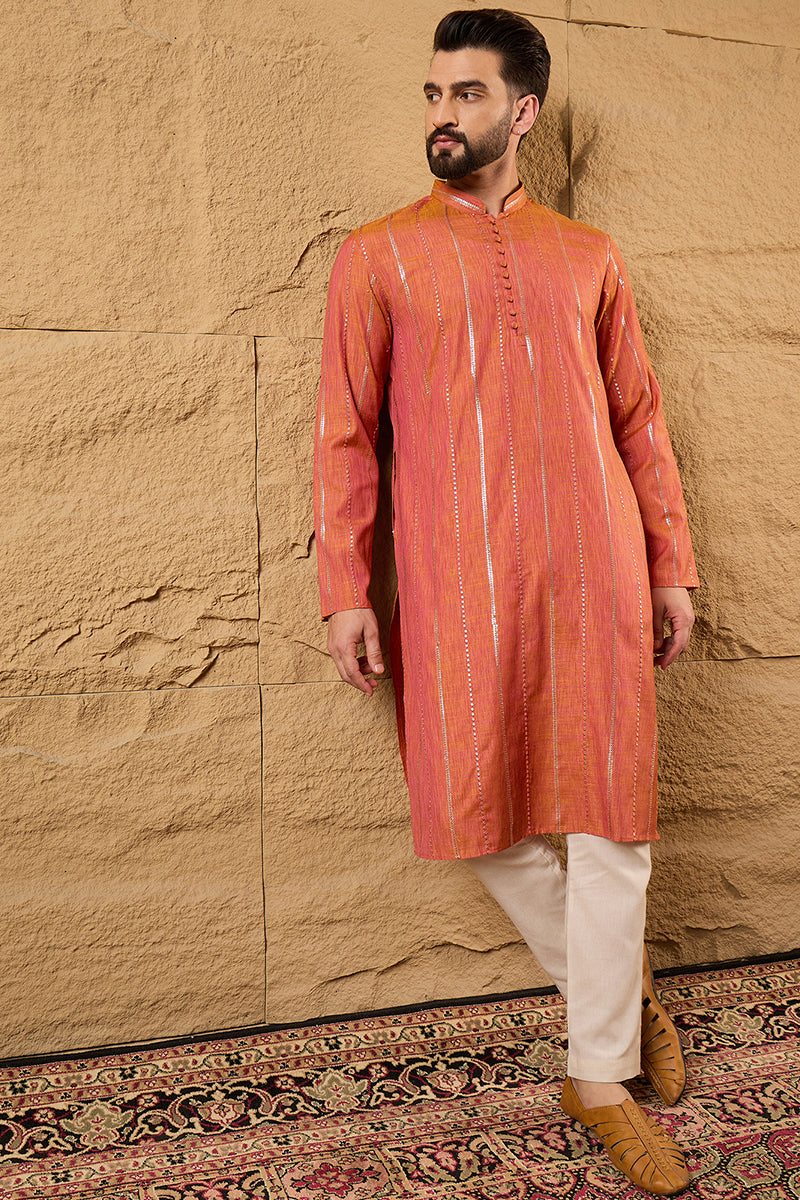 Orange Pure Cotton Embroidered Straight Kurta HOPMKU1196