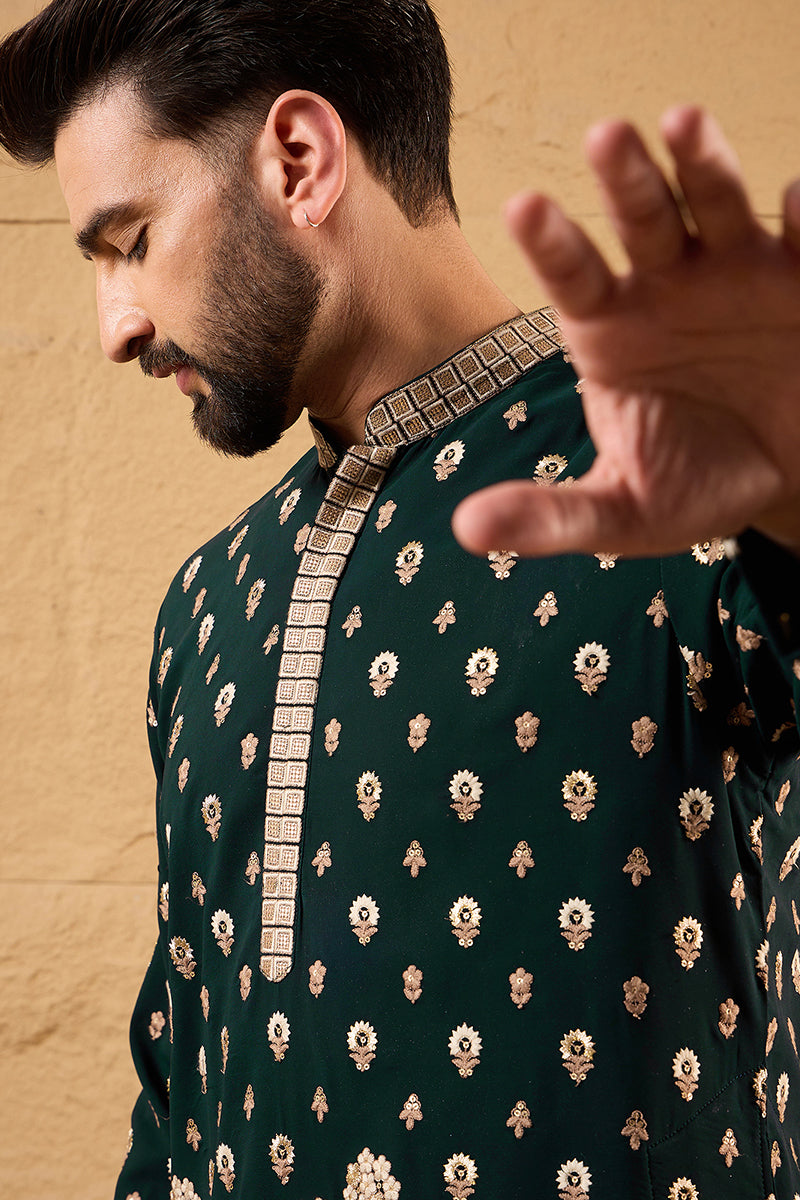 Green Georgette Embroidered Mandarin Collar Straight Kurta MKU1199