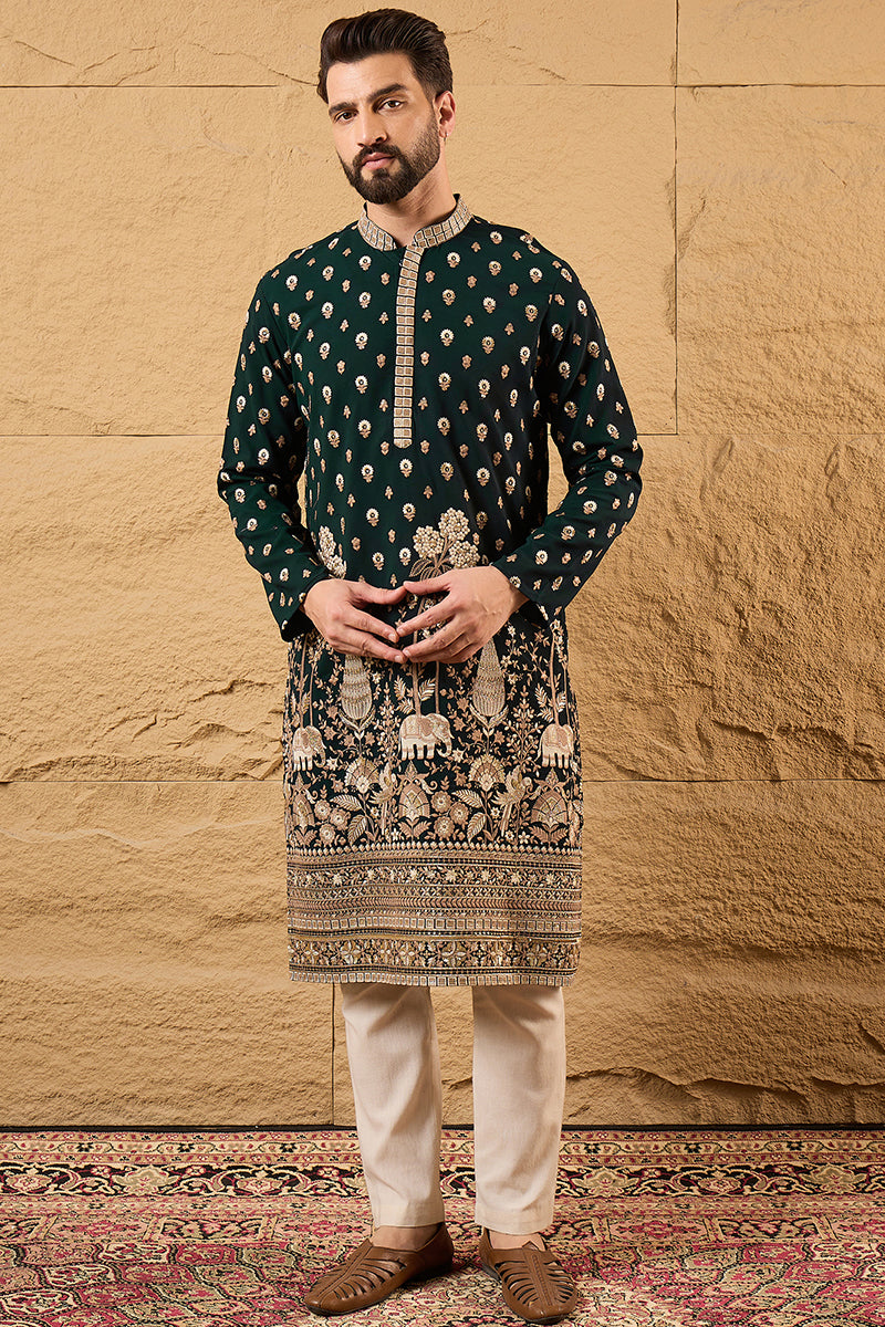 Green Georgette Embroidered Mandarin Collar Straight Kurta MKU1199