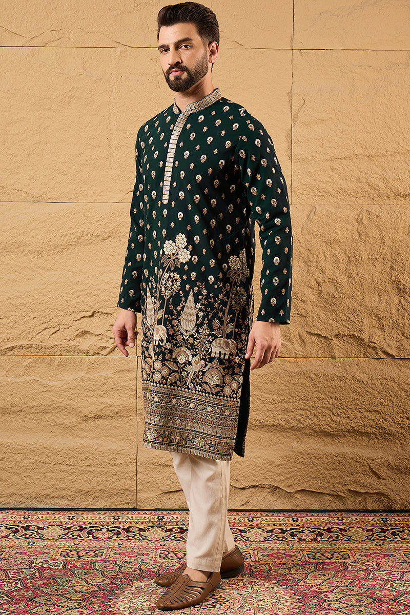 Green Georgette Embroidered Mandarin Collar Straight Kurta MKU1199