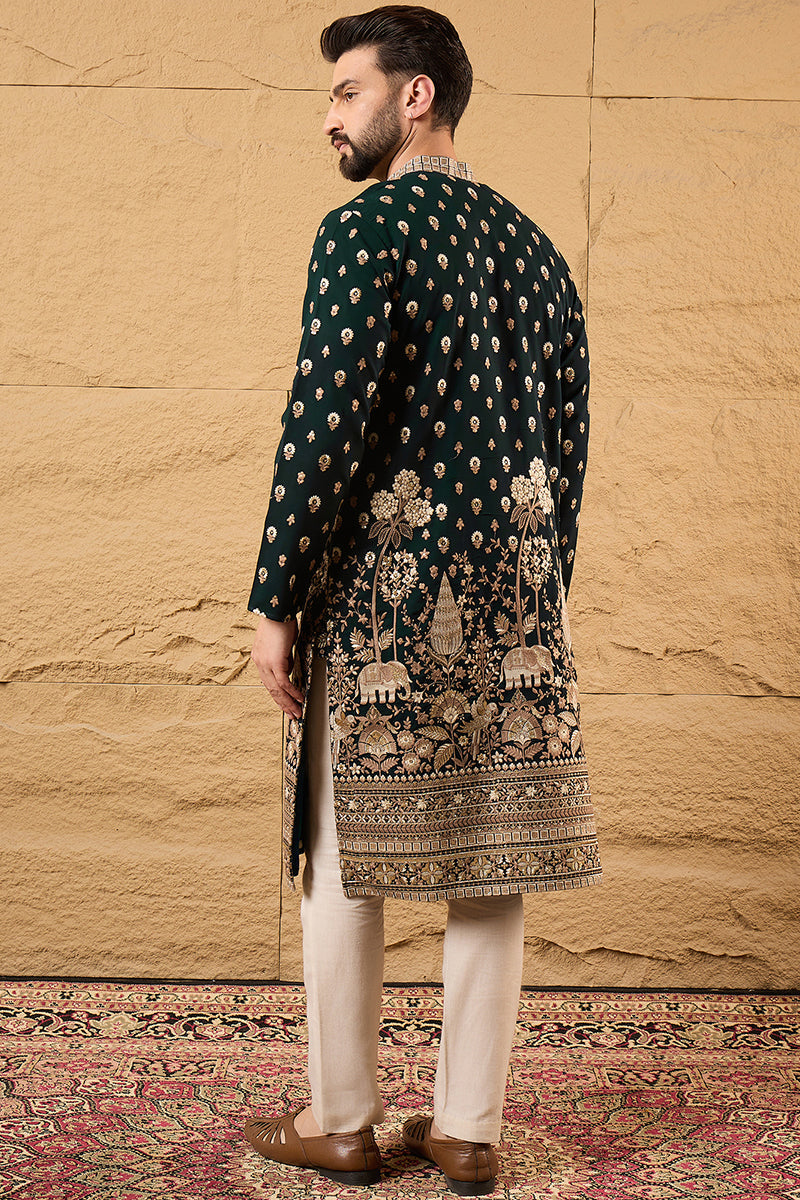 Green Georgette Embroidered Mandarin Collar Straight Kurta MKU1199