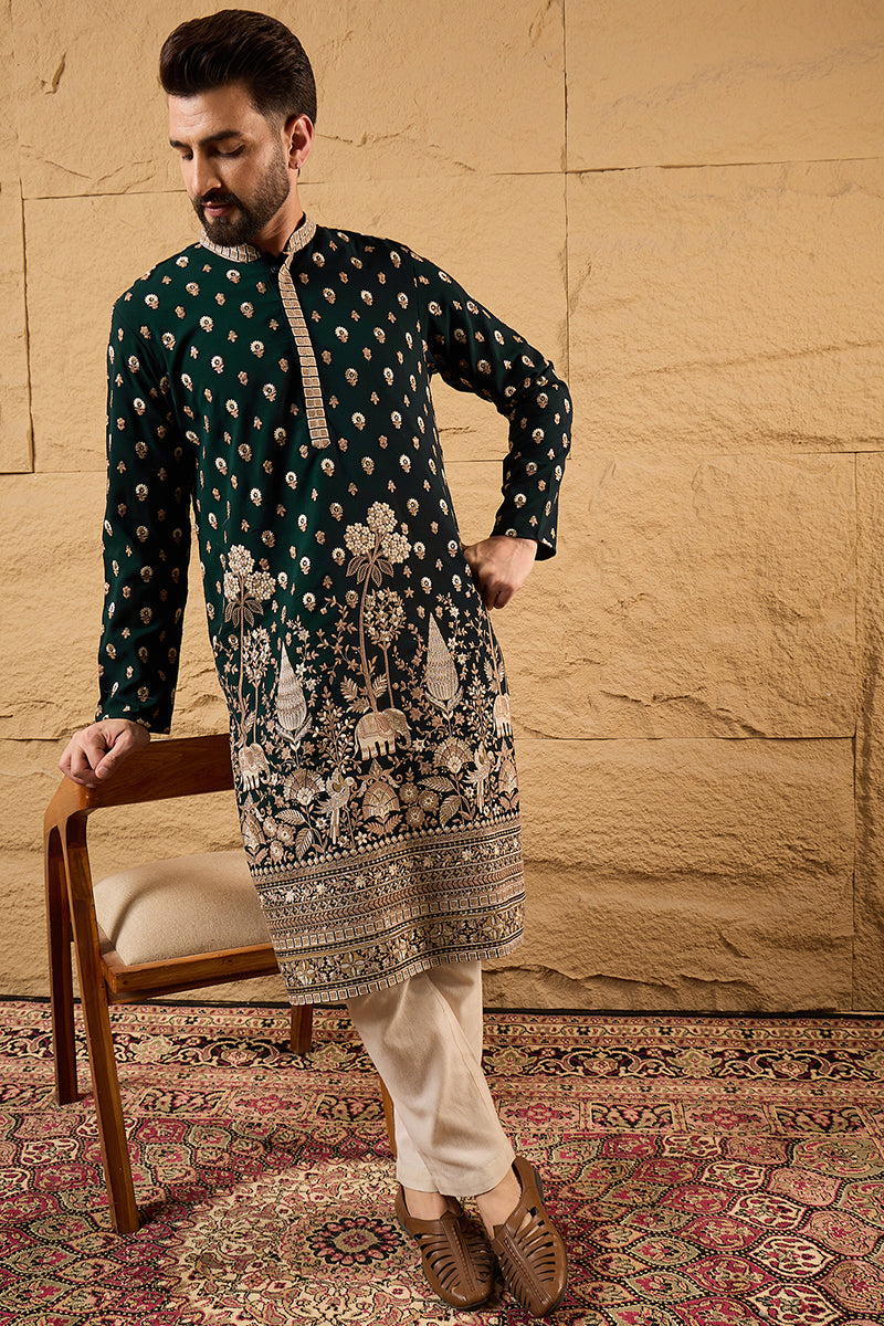 Green Georgette Embroidered Mandarin Collar Straight Kurta MKU1199