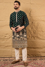 Green Georgette Embroidered Mandarin Collar Straight Kurta MKU1199