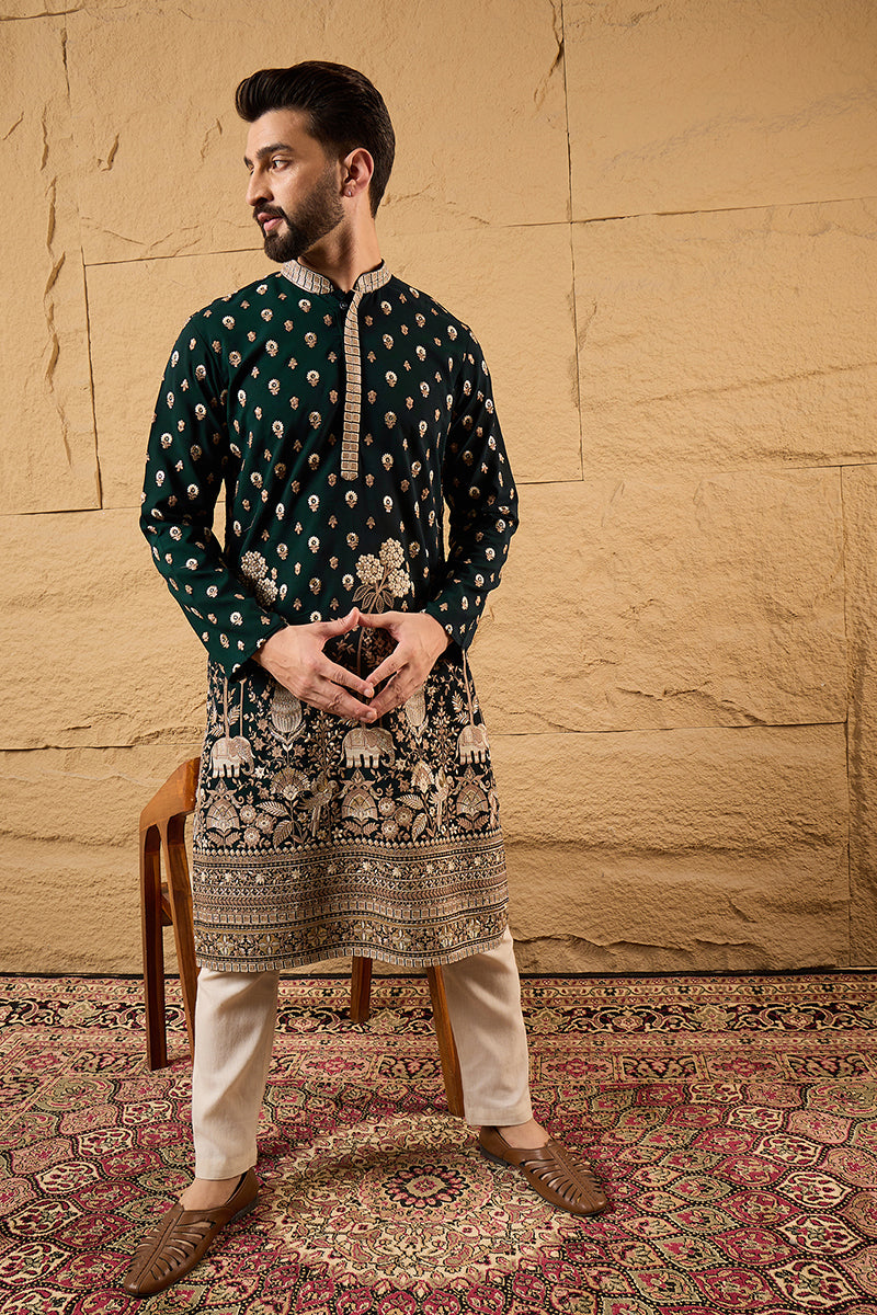 Green Georgette Embroidered Mandarin Collar Straight Kurta MKU1199