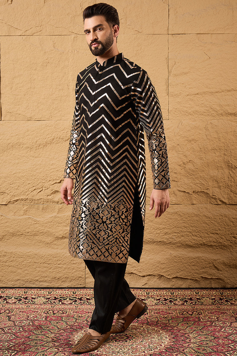 Black Georgette Embroidered Mandarin Collar Straight Kurta MKU1200