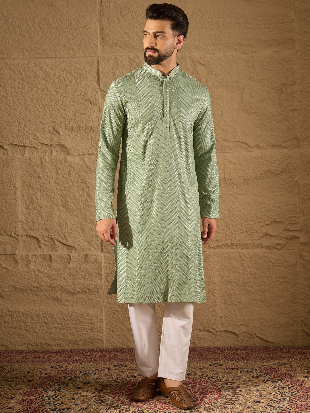 Men Green Viscose Rayon Solid Embroidered Straight Kurta-MKU1203