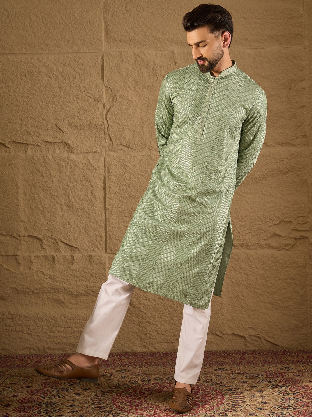 Men Green Viscose Rayon Solid Embroidered Straight Kurta-MKU1203