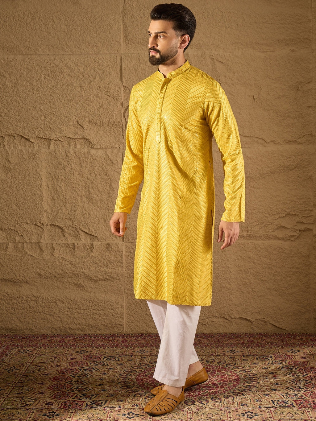 Men Yellow Viscose Rayon Solid Embroidered Straight Kurta-MKU1204