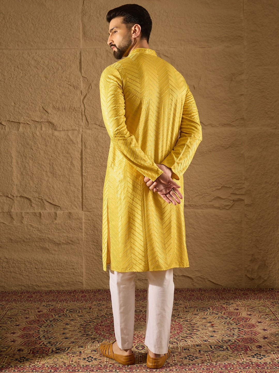 Men Yellow Viscose Rayon Solid Embroidered Straight Kurta-MKU1204