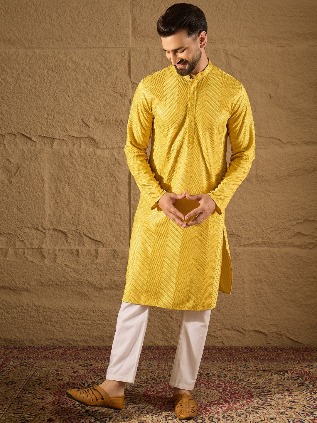 Men Yellow Viscose Rayon Solid Embroidered Straight Kurta-MKU1204