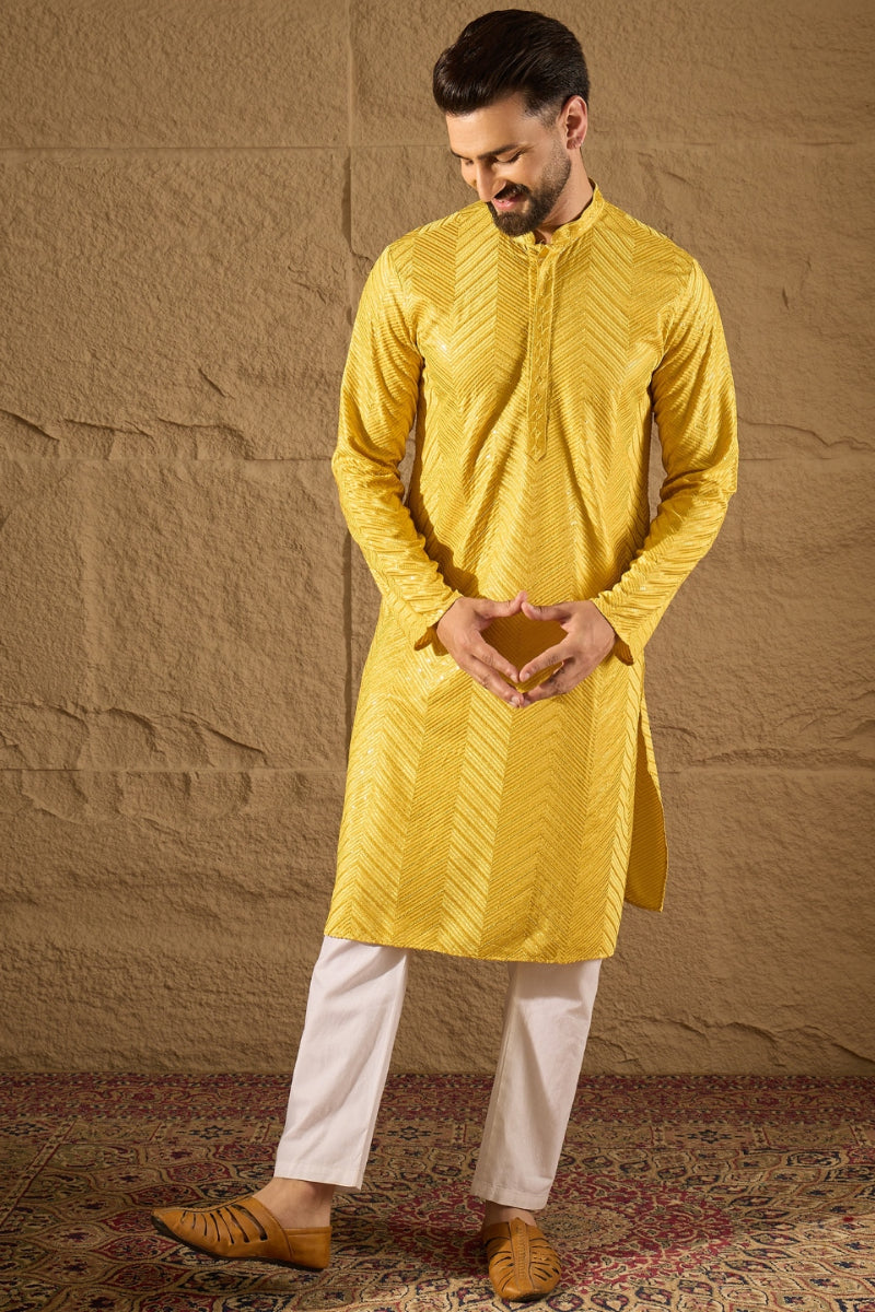 Yellow Viscose Rayon Solid Embroidered Straight Kurta HOPMKU1204