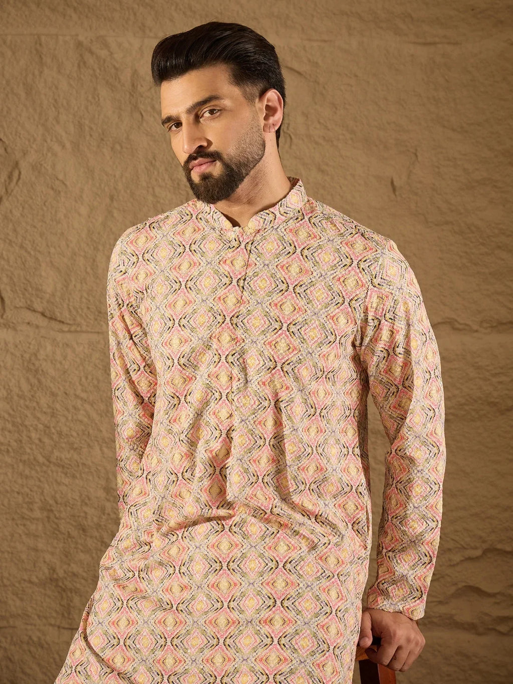 Men Multi Viscose Rayon Geometric Embroidered Straight Kurta-MKU1210