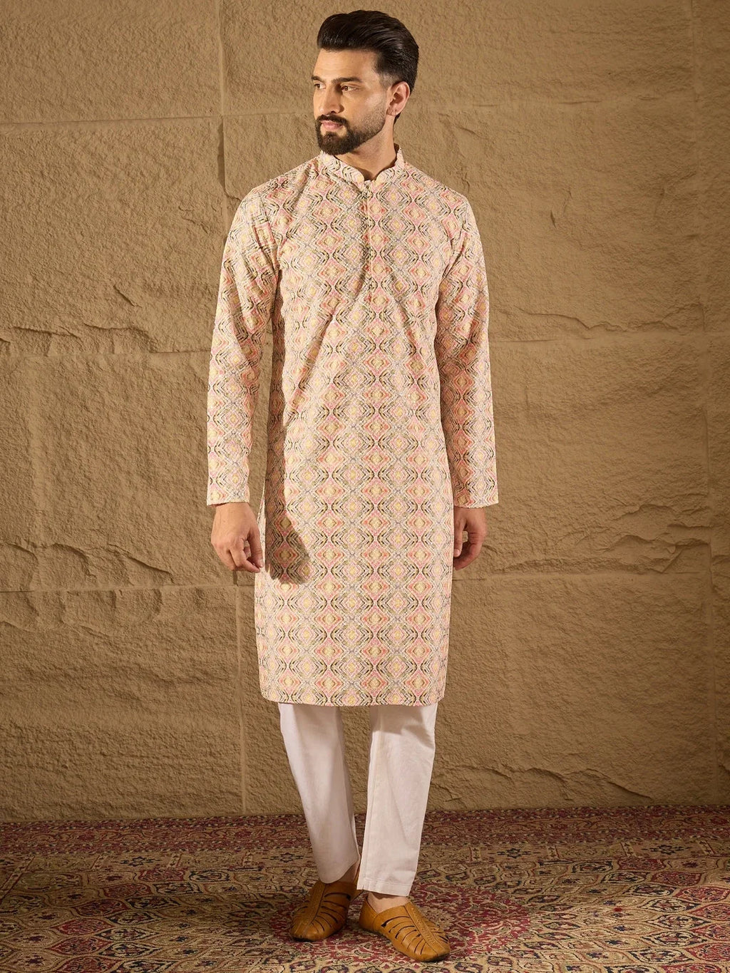 Men Multi Viscose Rayon Geometric Embroidered Straight Kurta-MKU1210