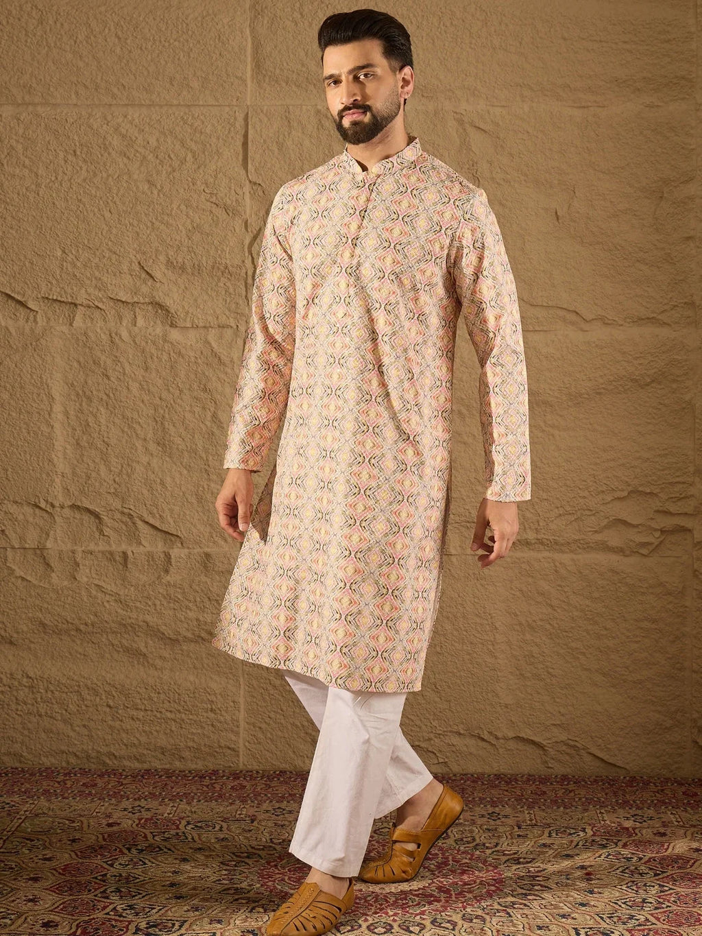 Men Multi Viscose Rayon Geometric Embroidered Straight Kurta-MKU1210