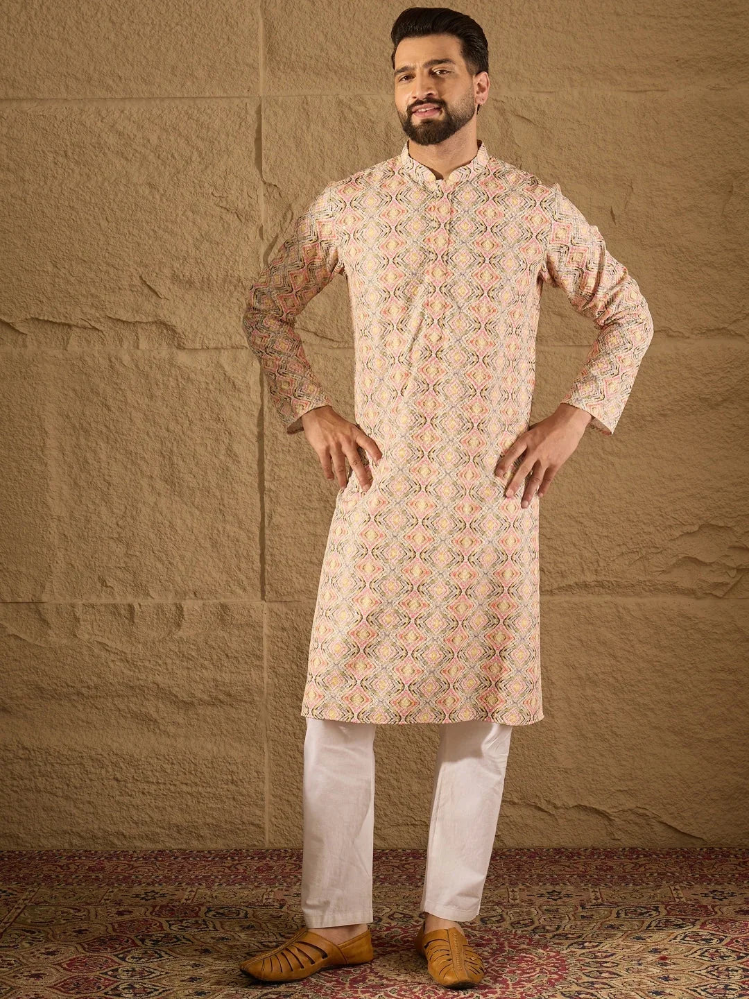 Men Multi Viscose Rayon Geometric Embroidered Straight Kurta-MKU1210