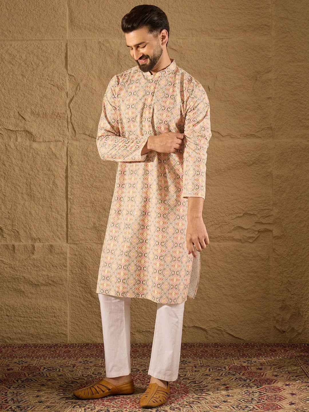 Men Multi Viscose Rayon Geometric Embroidered Straight Kurta-MKU1210
