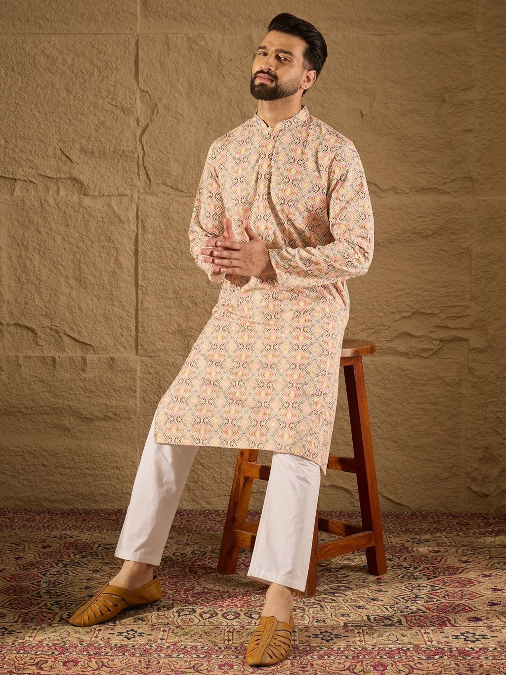 Men Multi Viscose Rayon Geometric Embroidered Straight Kurta-MKU1210