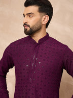 Men Purple Viscose Rayon Solid Embroidered Straight Kurta-MKU1211