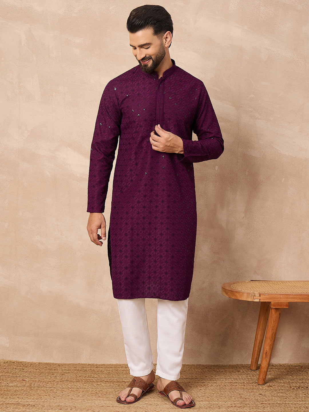 Men Purple Viscose Rayon Solid Embroidered Straight Kurta-MKU1211