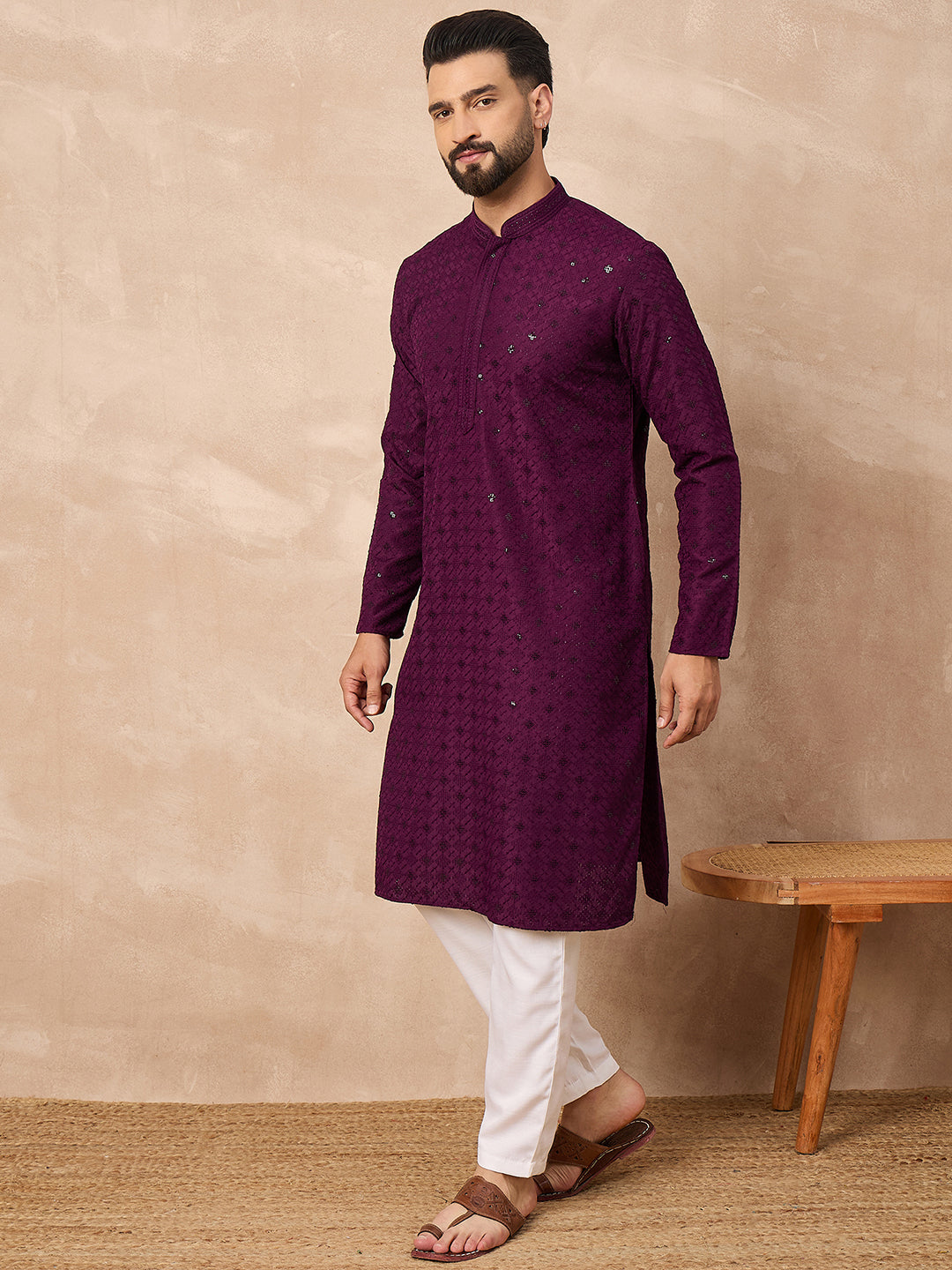Men Purple Viscose Rayon Solid Embroidered Straight Kurta-MKU1211