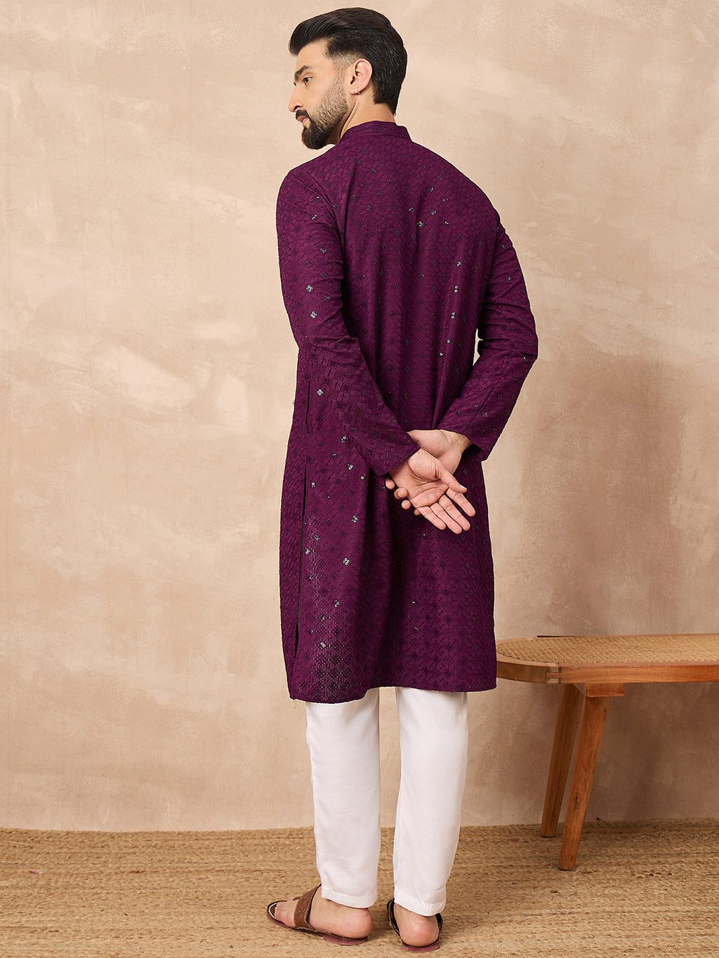 Men Purple Viscose Rayon Solid Embroidered Straight Kurta-MKU1211