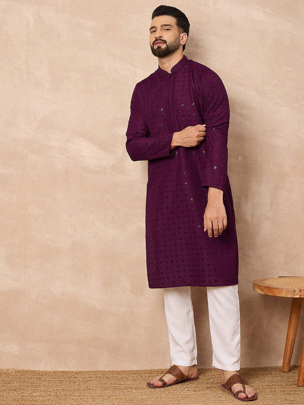 Men Purple Viscose Rayon Solid Embroidered Straight Kurta-MKU1211