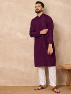 Men Purple Viscose Rayon Solid Embroidered Straight Kurta-MKU1211