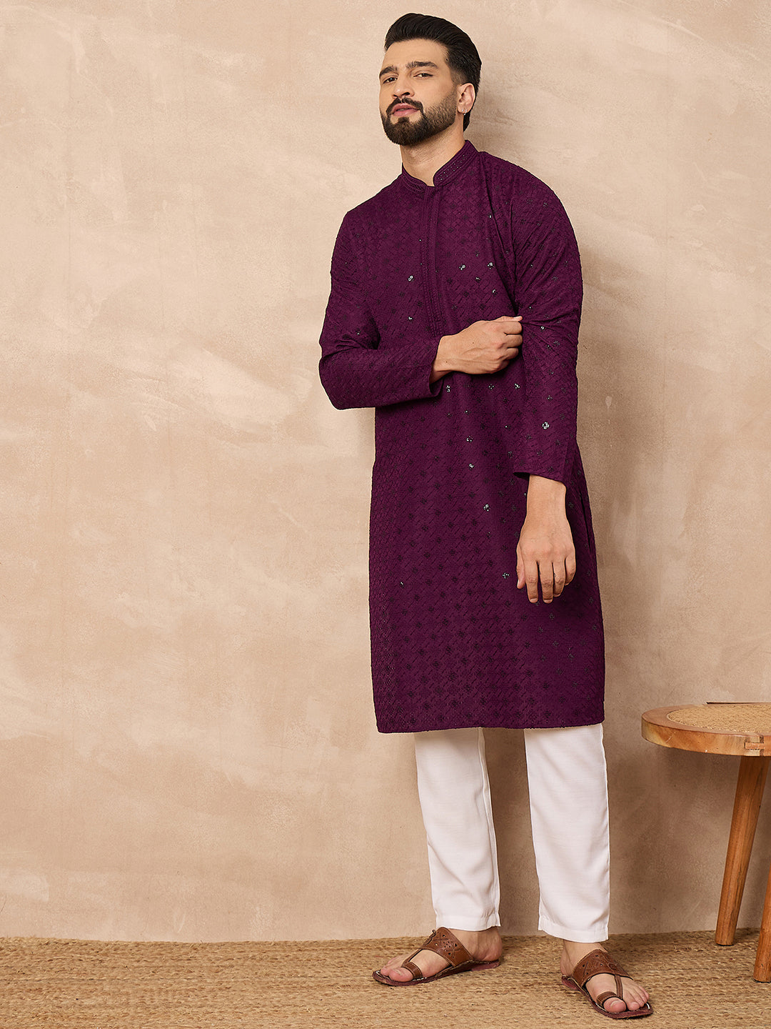 Men Purple Viscose Rayon Solid Embroidered Straight Kurta-MKU1211