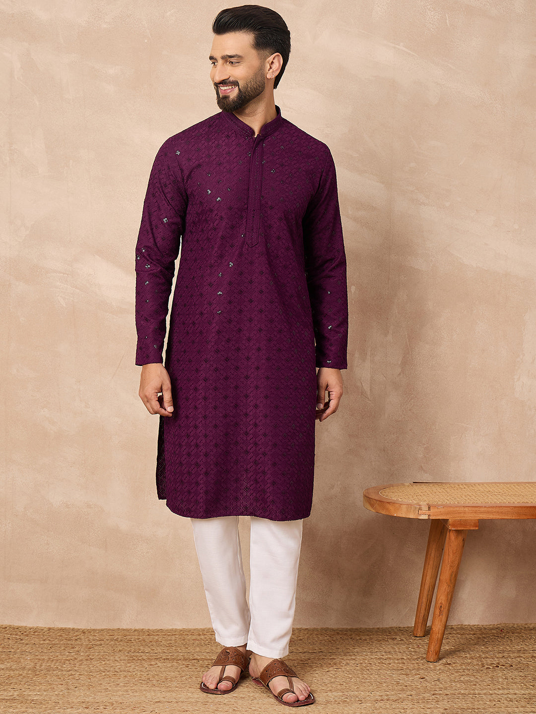 Men Purple Viscose Rayon Solid Embroidered Straight Kurta-MKU1211
