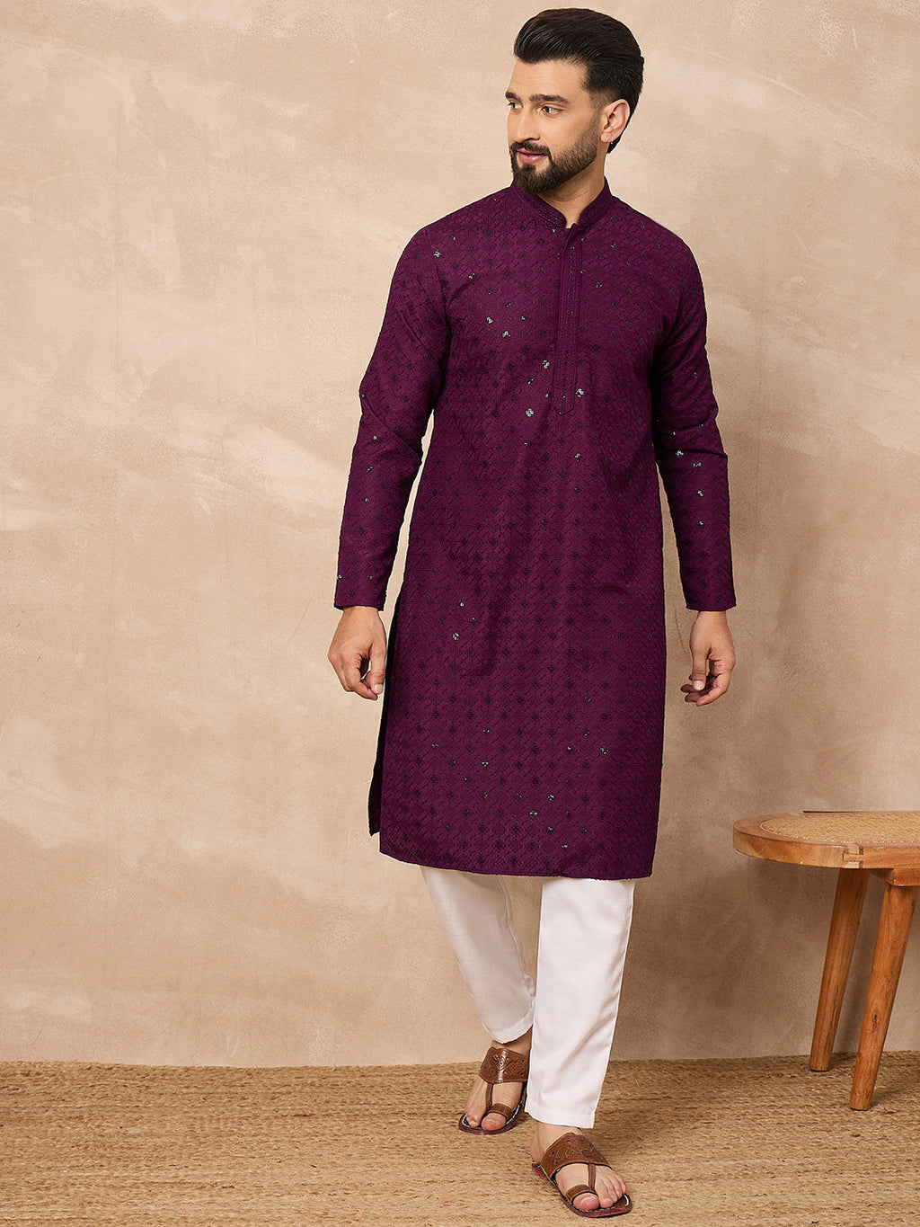 Men Purple Viscose Rayon Solid Embroidered Straight Kurta-MKU1211