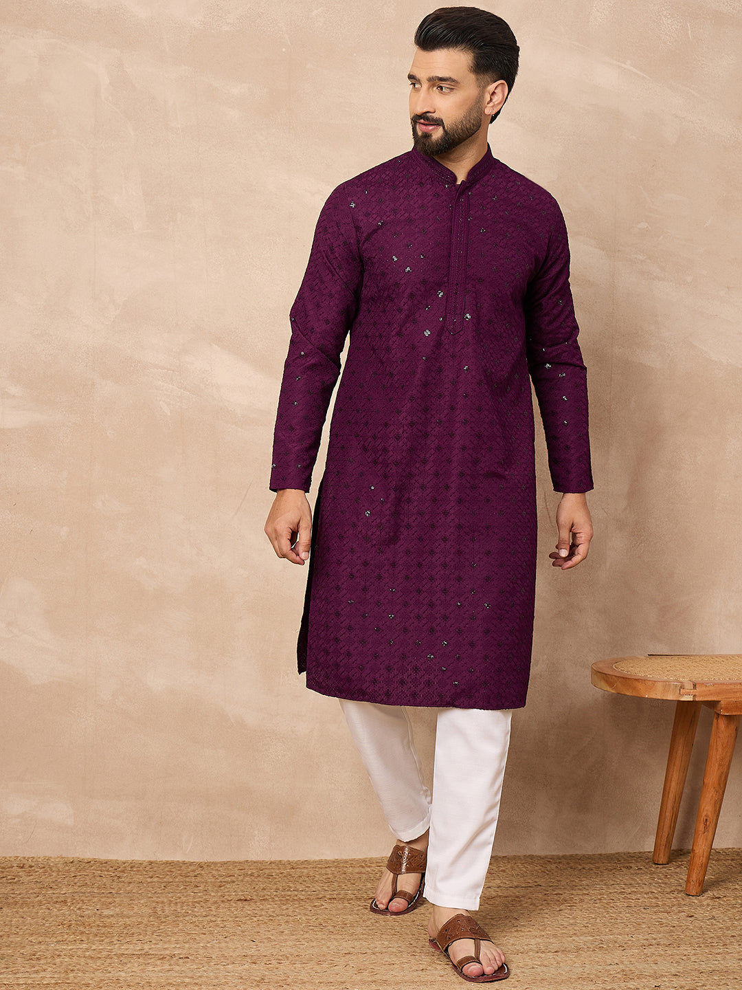 Men Purple Viscose Rayon Solid Embroidered Straight Kurta-MKU1211