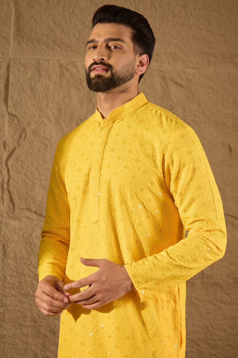 Yellow Viscose Rayon Solid Embroidered Straight Kurta HOPMKU1212