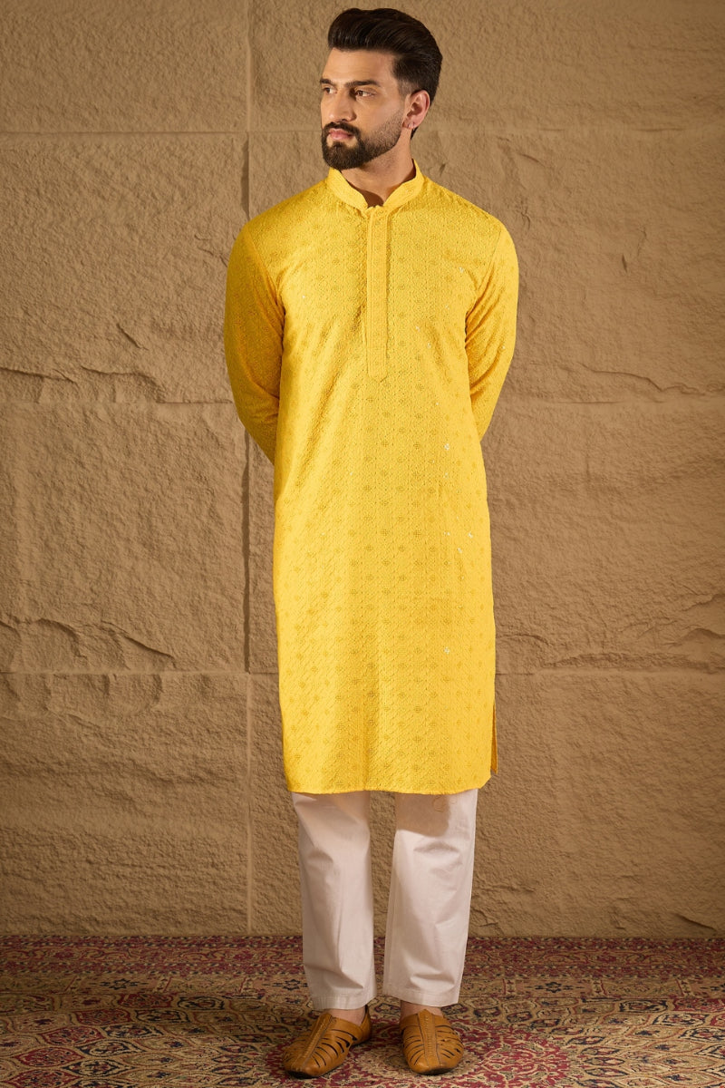 Yellow Viscose Rayon Solid Embroidered Straight Kurta HOPMKU1212